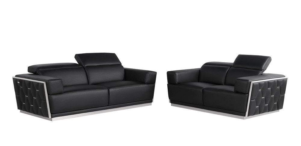 Two Piece Black Italian Leather Five Person Seating Set