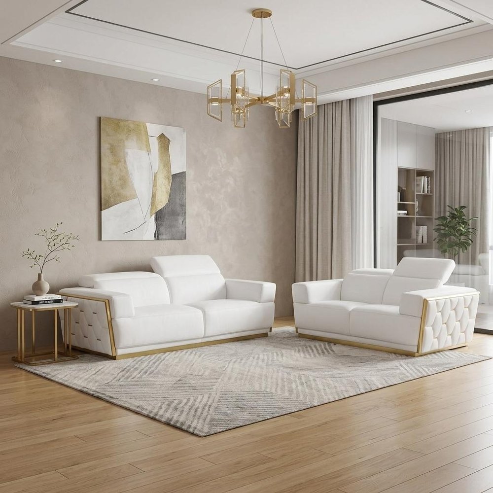 Two Piece White Italian Leather Five Person Seating Set - 40" H x 89" W x 43" D