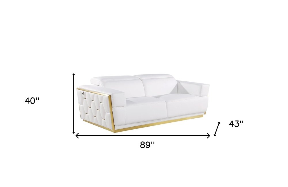 White Italian leather five-person seating set with gold accents, 89" W x 40" H x 43" D, on a white background.