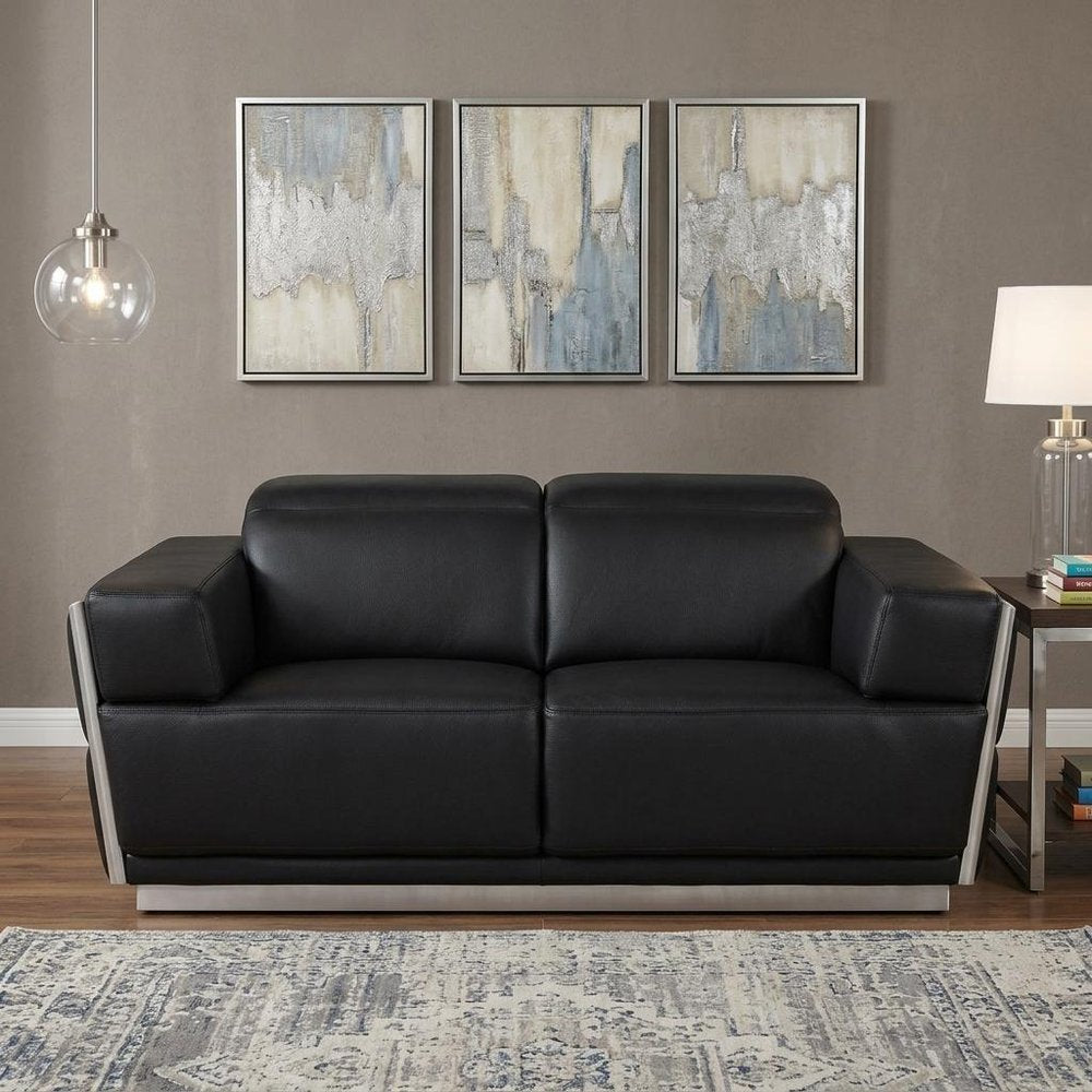70" Black And Silver Italian Leather Loveseat