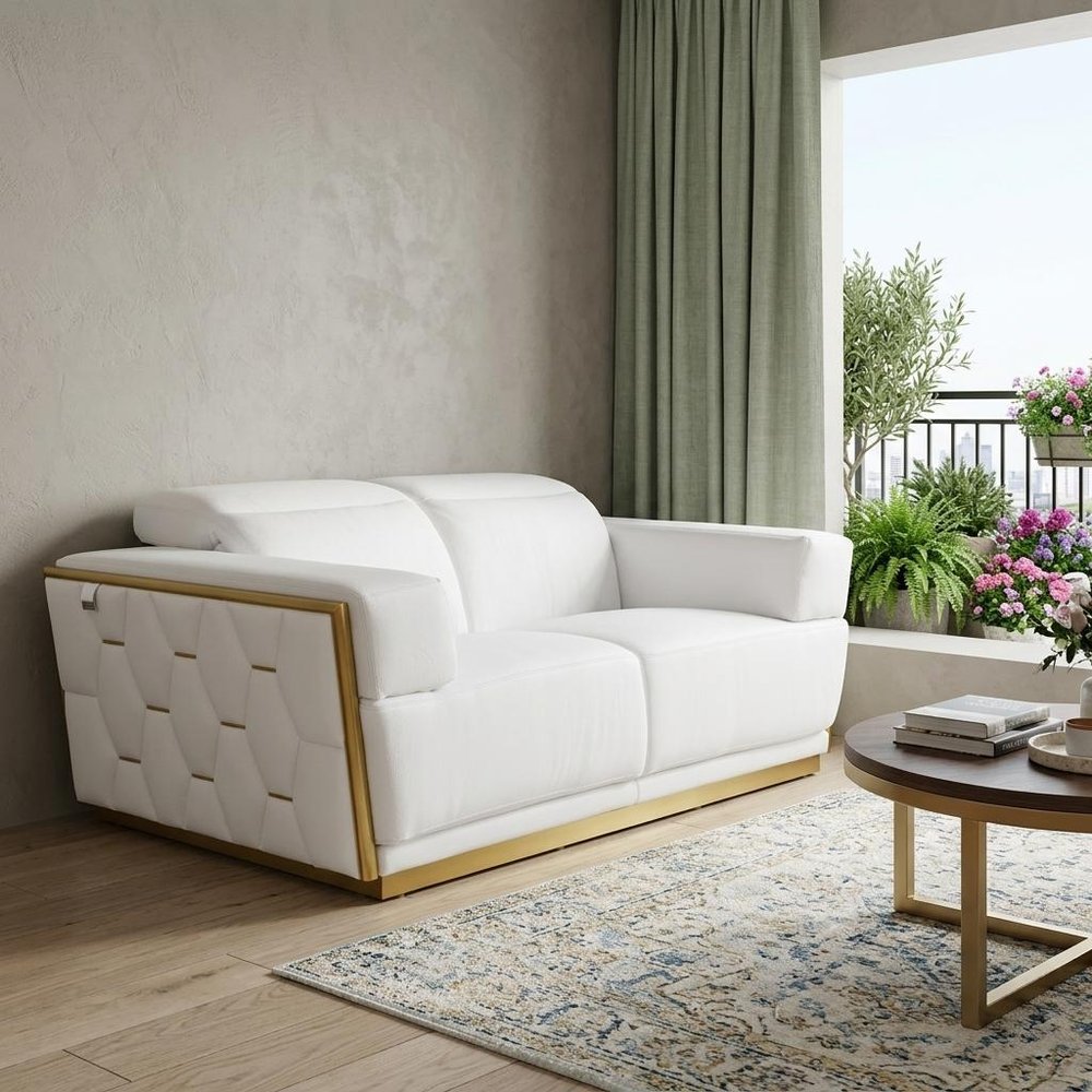 70" White And Silver Italian Leather Loveseat