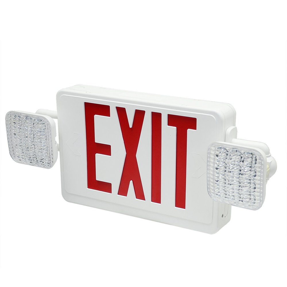 White LED emergency exit sign with red letters and two adjustable light heads on a white background.