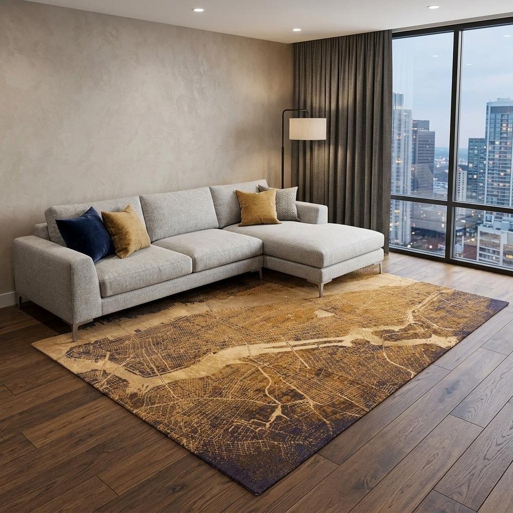 9' X 13' Yellow Abstract Non Skid Area Rug - 108" H x 144" W x 0.12" D in a home interior