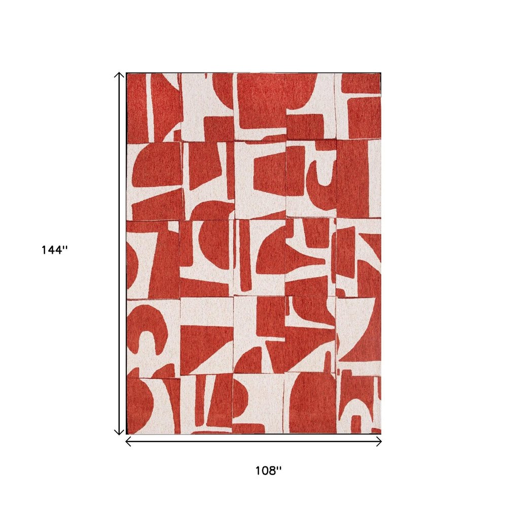 9' X 13' Red And White Geometric Washable Area Rug