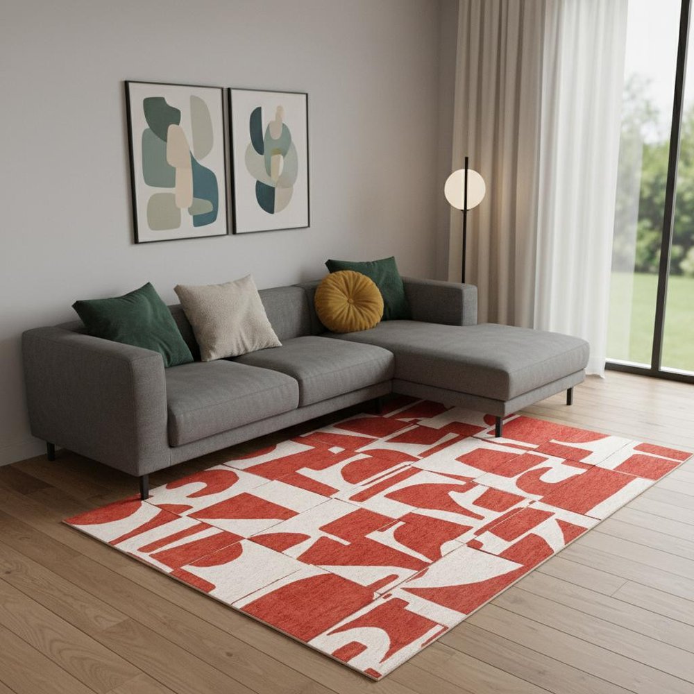 9' X 13' Red And White Geometric Washable Area Rug