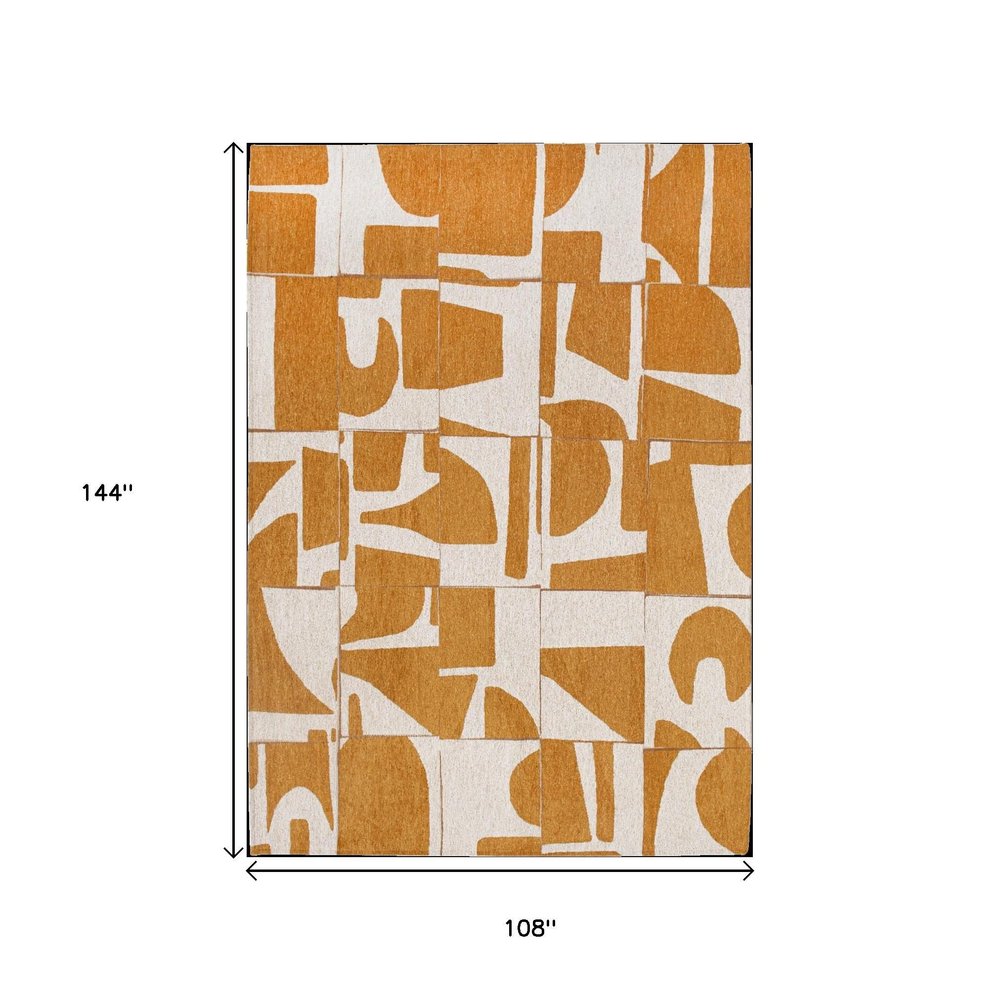 9' X 13' Yellow And White Geometric Washable Area Rug on a white background