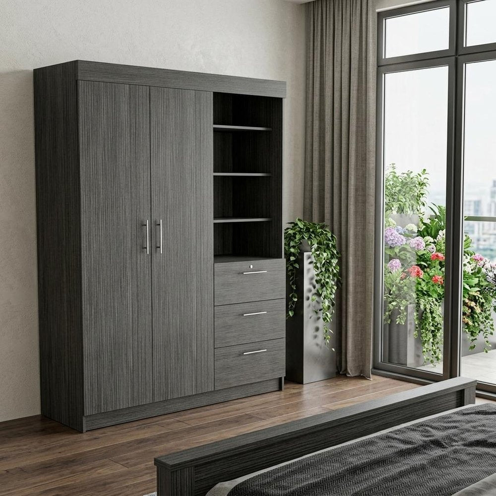 79" Gray Wood Two Door Three Drawer Combo Dresser - 79.00" H x 59.00" W x 20.50" D in a home interior
