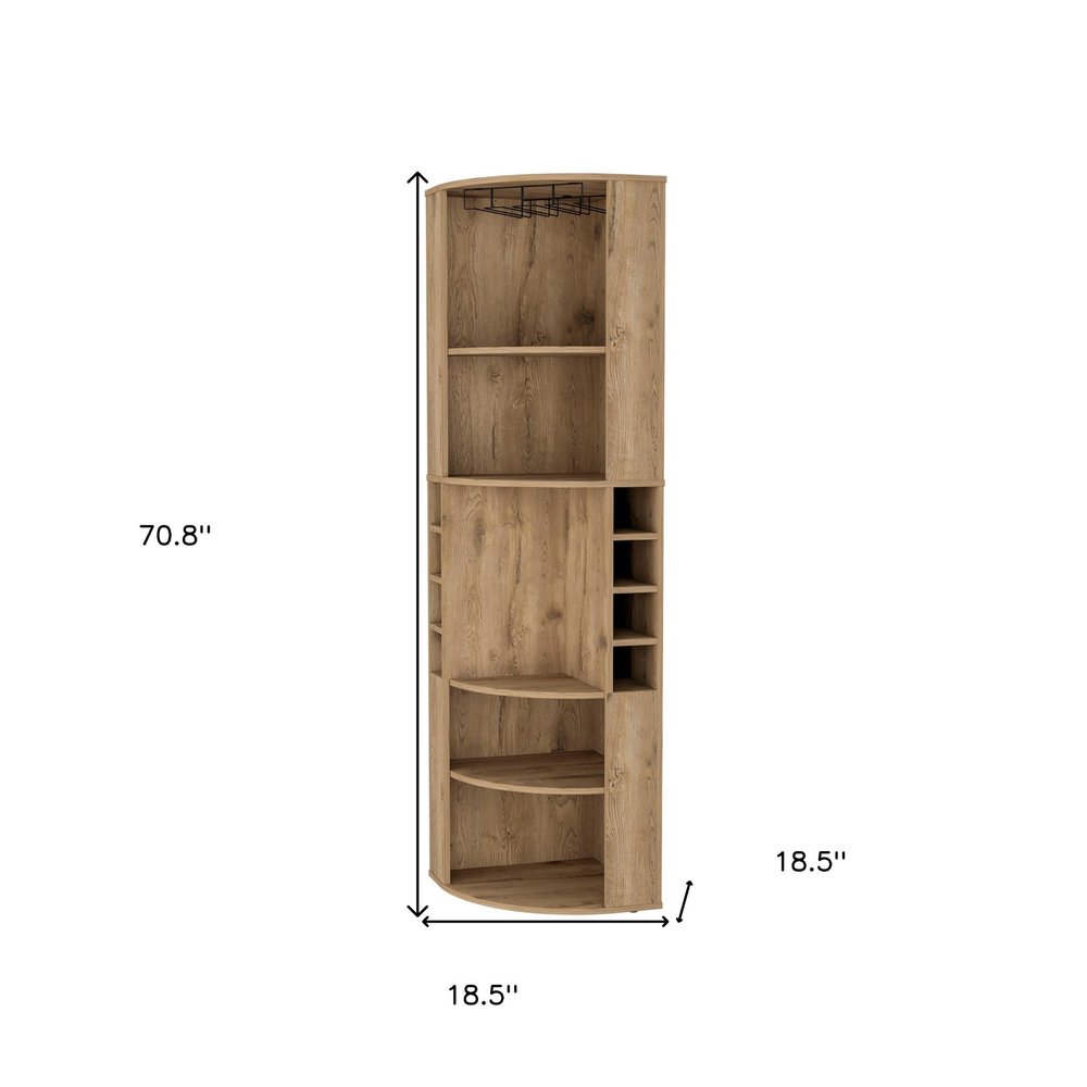 71" Natural Wood Corner Bar Cabinet on a white background