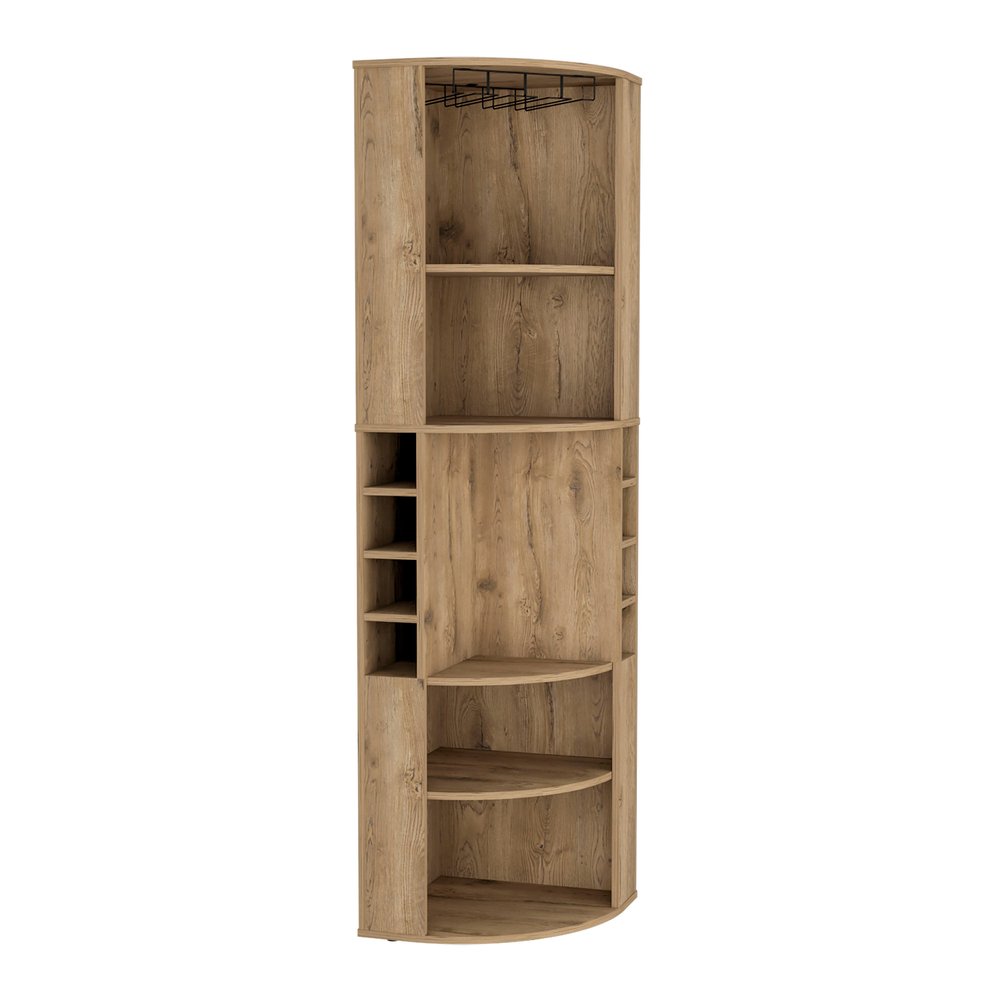71" Natural Wood Corner Bar Cabinet on a white background