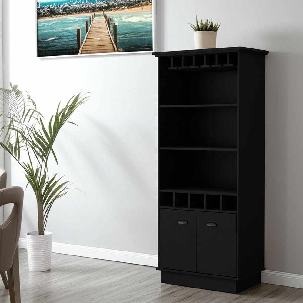 70" Black Wood Bar Cabinet With Two Doors
