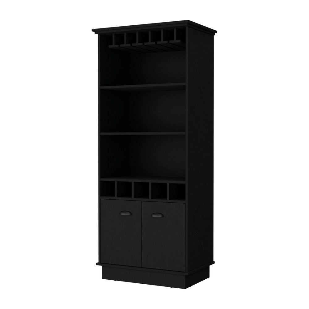 Black wood bar cabinet with two doors and multiple shelves, including a wine glass rack, against a white background.