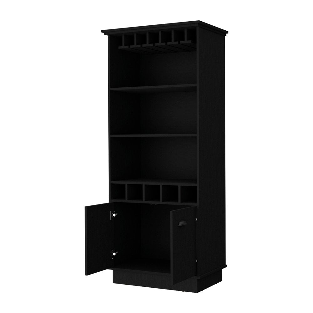 70" Black Wood Bar Cabinet With Two Doors on a white background