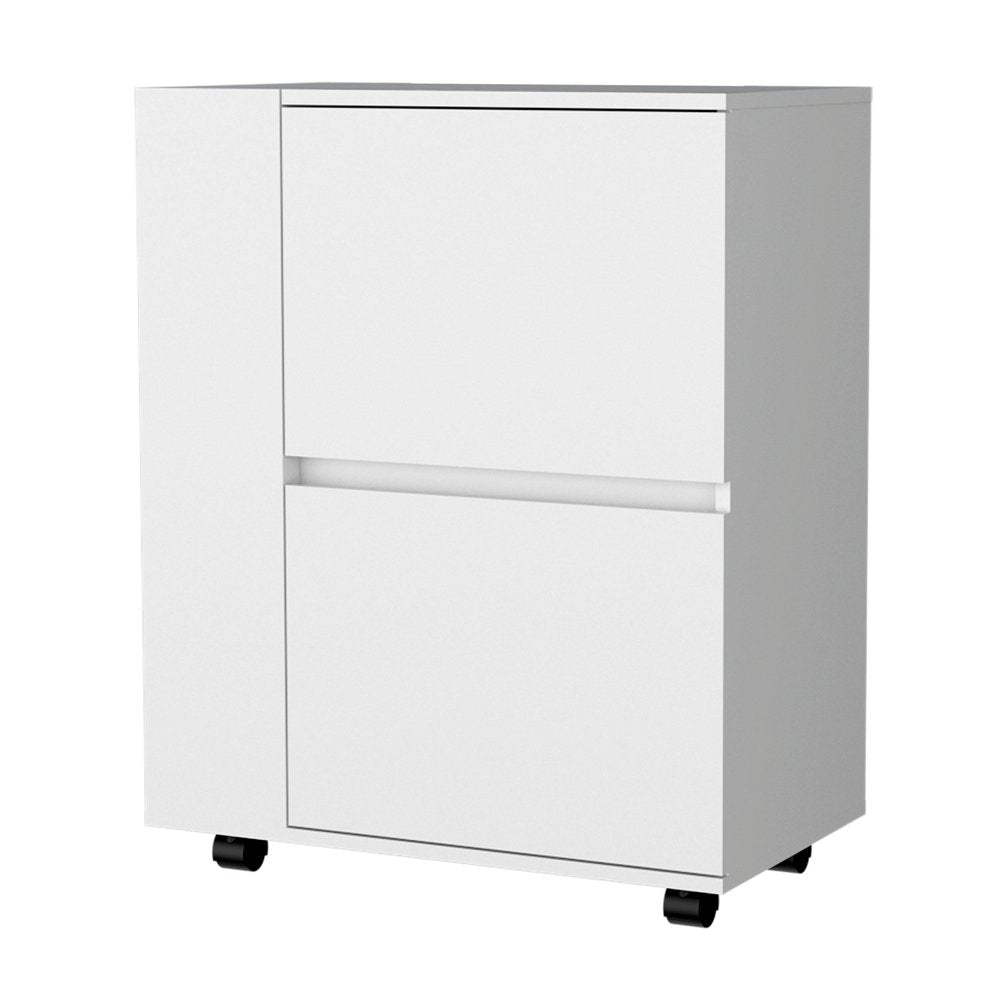 White wood rolling bar cart with two drawers on a white background.