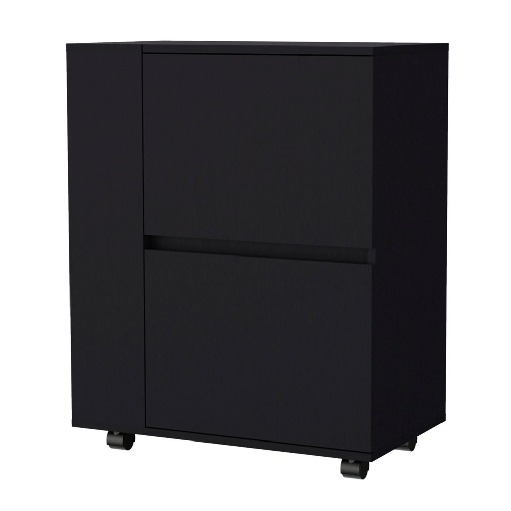Black wood rolling bar cart with two drawers and casters on a white background.