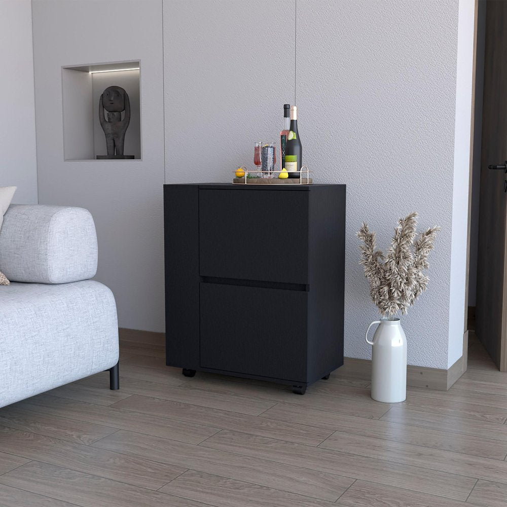 26" Black Wood Rolling Bar Cart