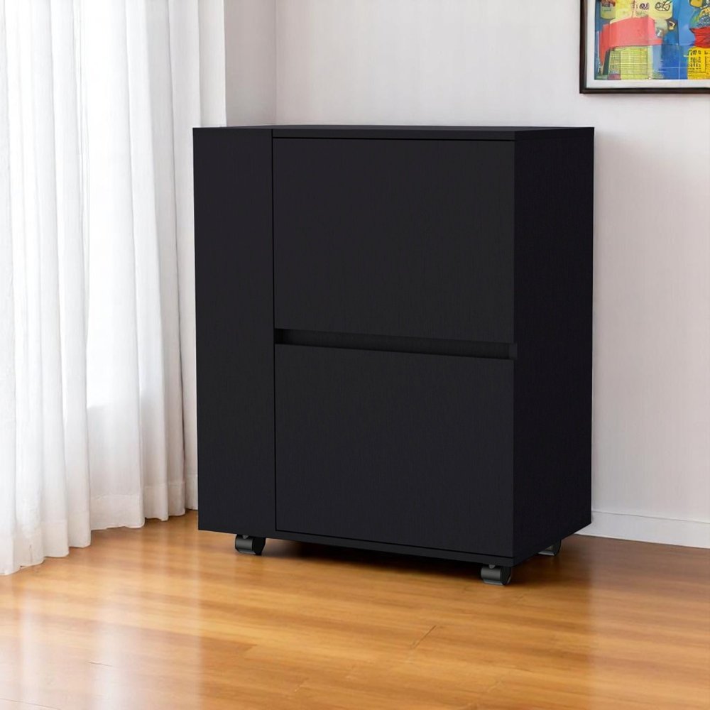 Cropped view of 26" Black Wood Rolling Bar Cart focusing on the black wood surface.