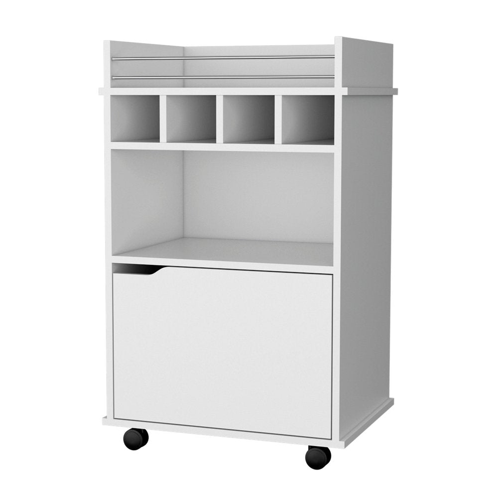 22" White Wood Rolling Bar Cart With Wine Storage. Bar cart isolated on a plain white background, in a white wood finish.