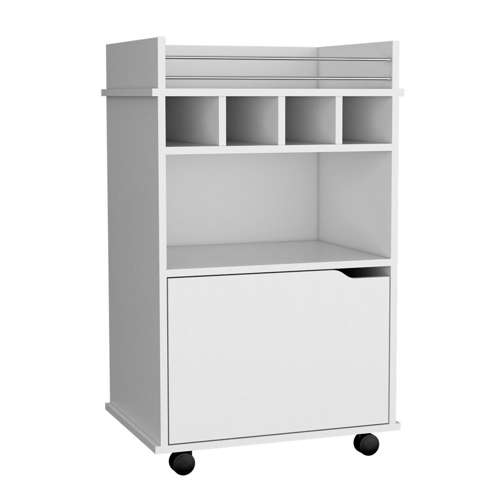 22" White Wood Rolling Bar Cart With Wine Storage. Bar cart isolated on a plain white background, finished in white wood.