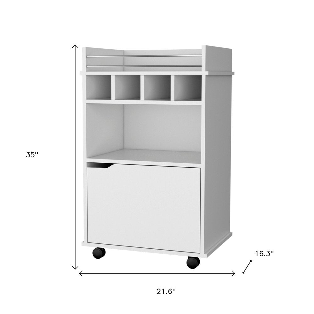 22" White Wood Rolling Bar Cart With Wine Storage. Bar cart isolated on a plain white background, finished in white wood.