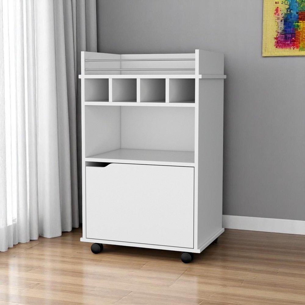 Cropped view of 22" White Wood Rolling Bar Cart With Wine Storage focusing on the white wood surface.