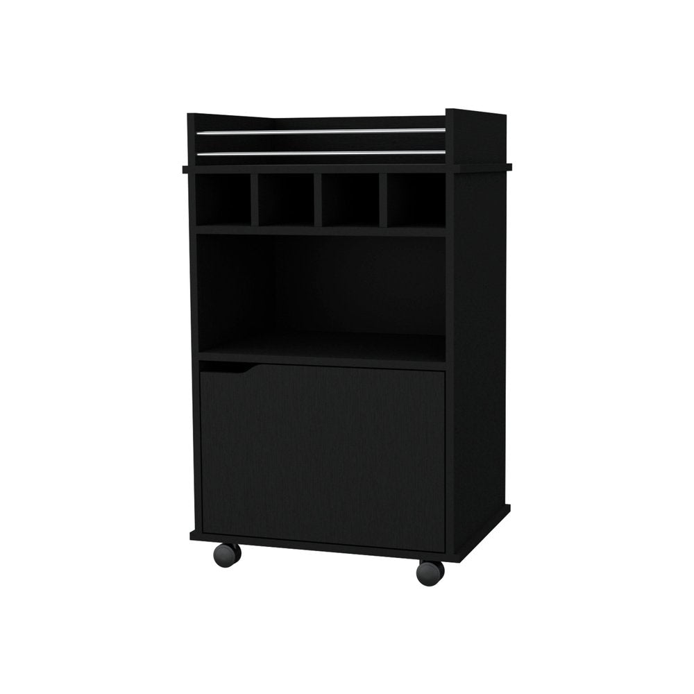 22" Black Wood Rolling Bar Cart With Wine Storage