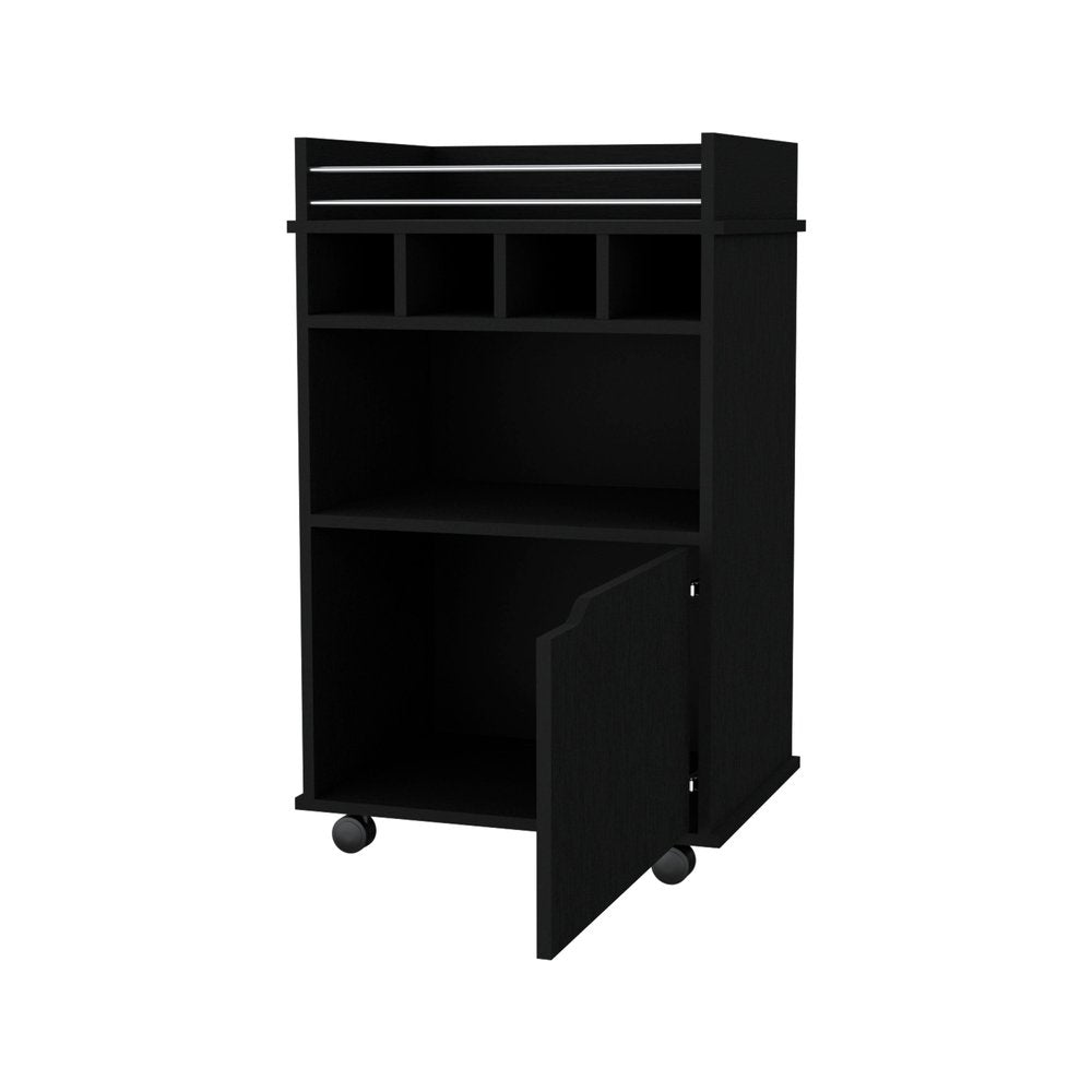 22" Black Wood Rolling Bar Cart With Wine Storage
