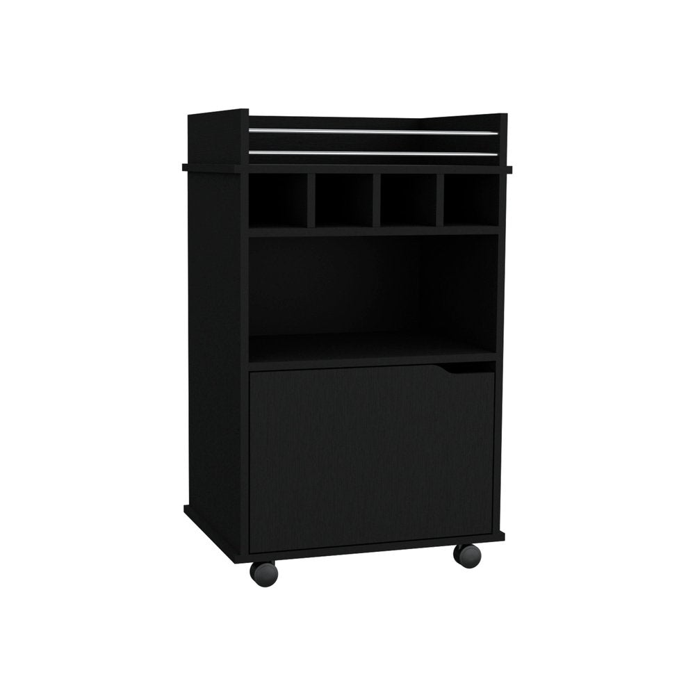 22" Black Wood Rolling Bar Cart With Wine Storage