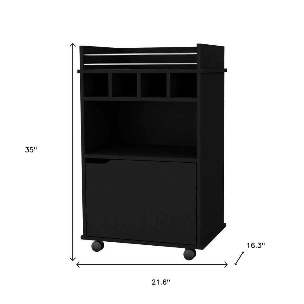 22" Black Wood Rolling Bar Cart With Wine Storage