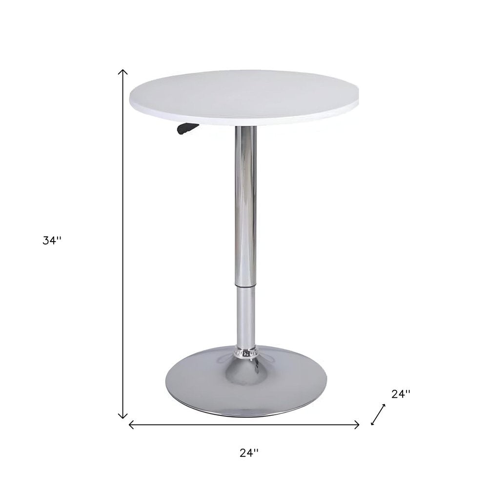 24" White and Silver Rounded Wood and Iron Bar Table. Bar & restaurant table isolated on a plain white background, showing a silver metal surface.