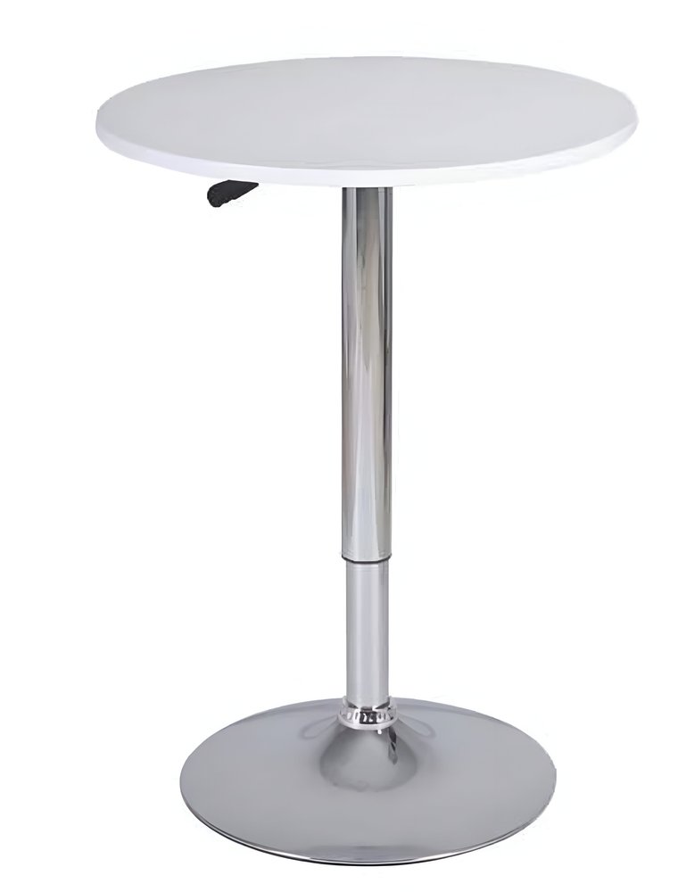 White round bar table with a silver adjustable pedestal base and a black lever.