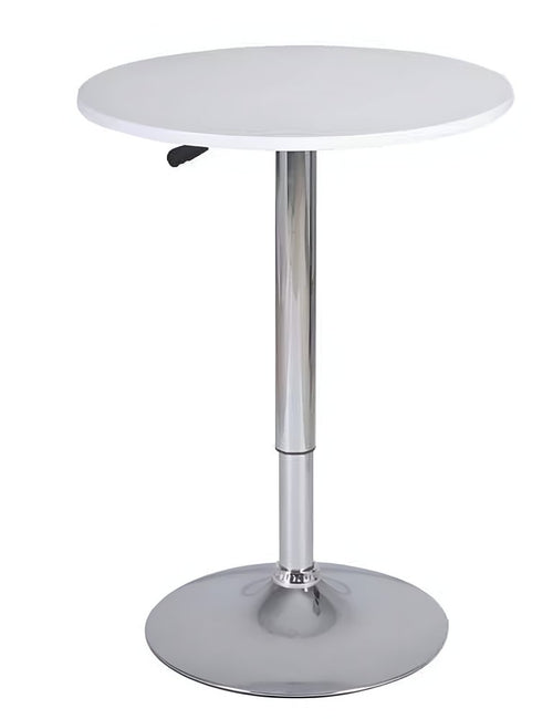 White round bar table with a silver adjustable pedestal base and a black lever.