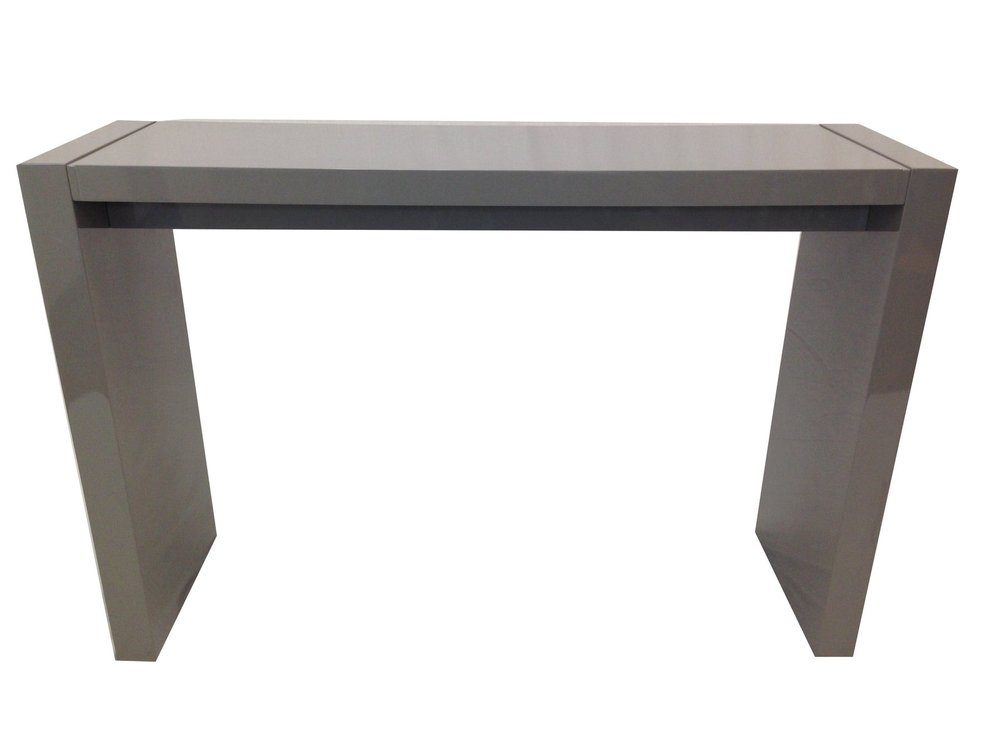 Gray rectangular wood bar height bar table with a smooth finish against a white background.