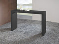 60" Espresso Wood Rectangular Bar Height Bar Table styled in a furnished interior with a light gray wall on a tiled floor in gray wood.