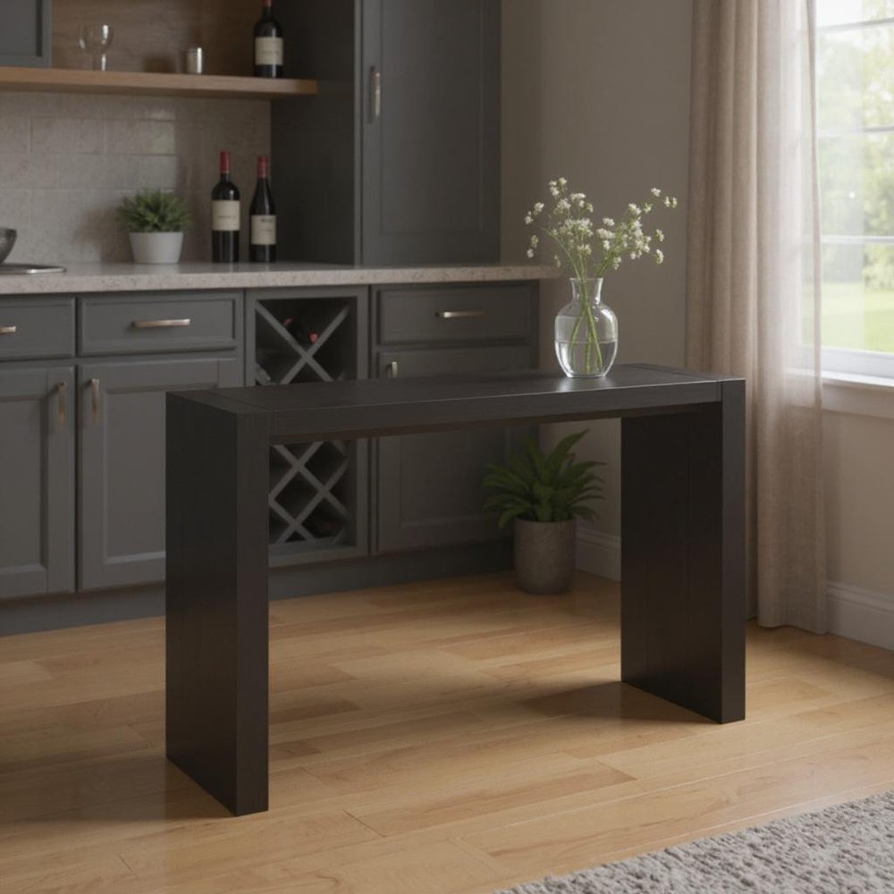60" Espresso Wood Rectangular Bar Height Bar Table styled in a furnished interior with a dark brown wall on a wood floor in charcoal wood.