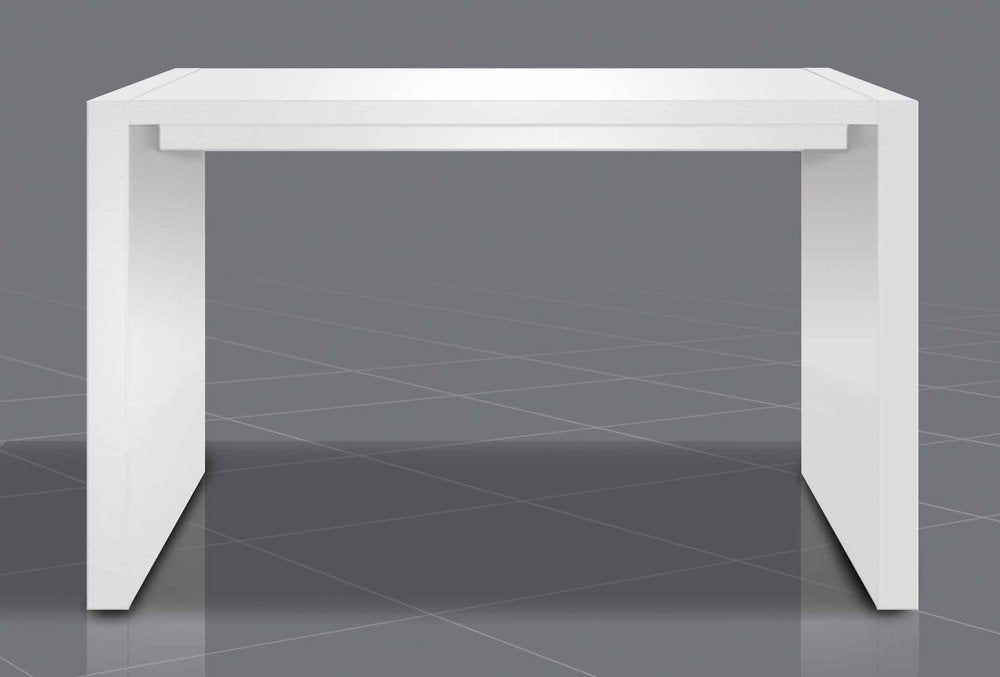 White rectangular bar height bar table with a matte finish on a grey tiled floor.