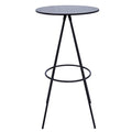 Black round bar table with a metal frame and footrest on a white background.