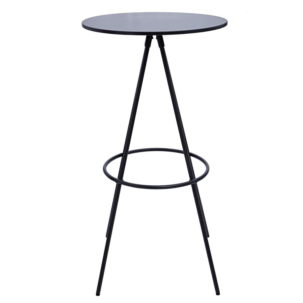 Black round bar table with a metal frame and footrest on a white background.