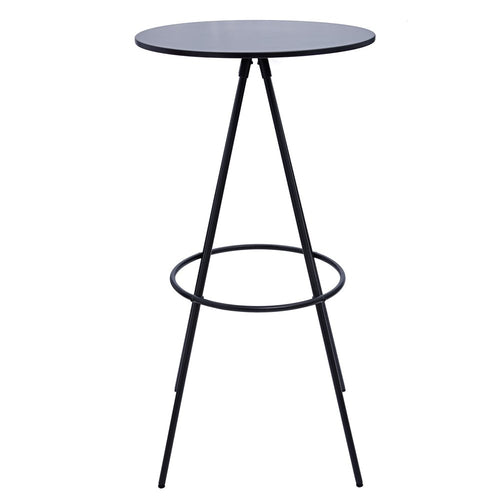 Black round bar table with a metal frame and footrest on a white background.
