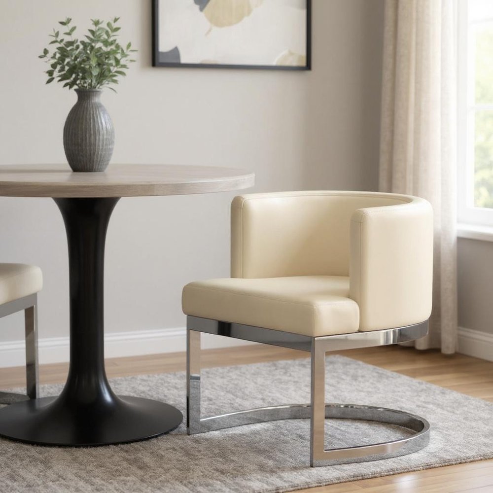White and Silver Faux Leather Wing Back Dining Arm Chair