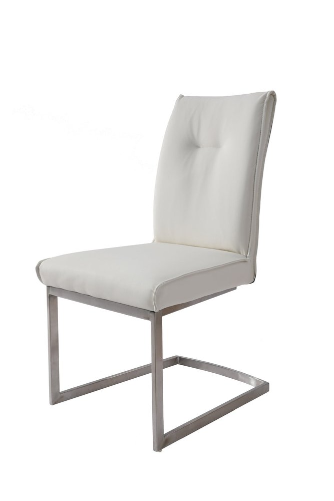 White faux leather dining chair with a silver metal sled base, shown against a white background.