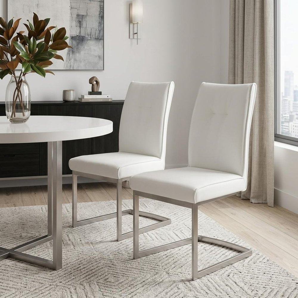 Set of Two White and Silver Faux Leather Dining Side Chairs - 37.00" H x 19.00" W x 25.00" D