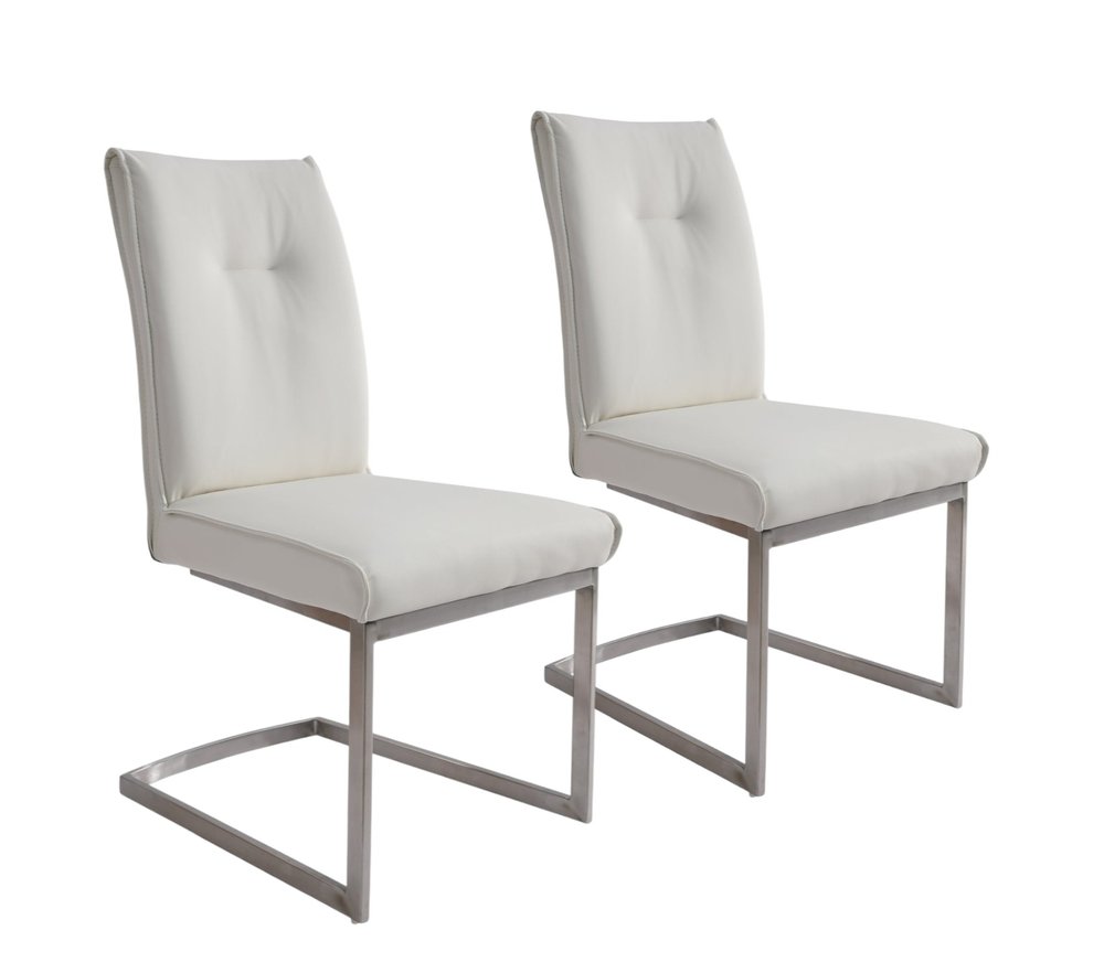 Set of Two White and Silver Faux Leather Dining Side Chairs - 37.00" H x 19.00" W x 25.00" D