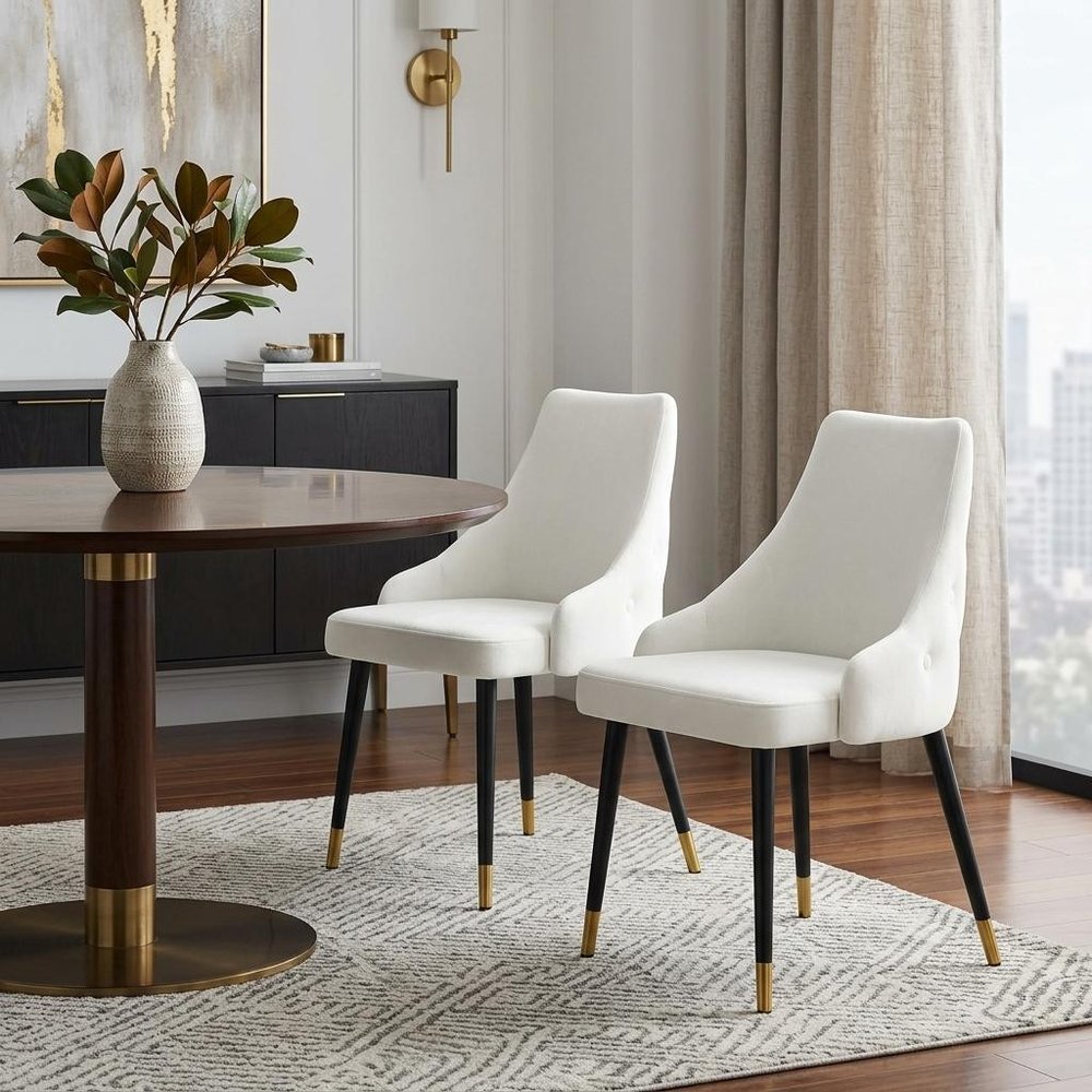 Set of Two White and Black Fabric Dining Side Chairs