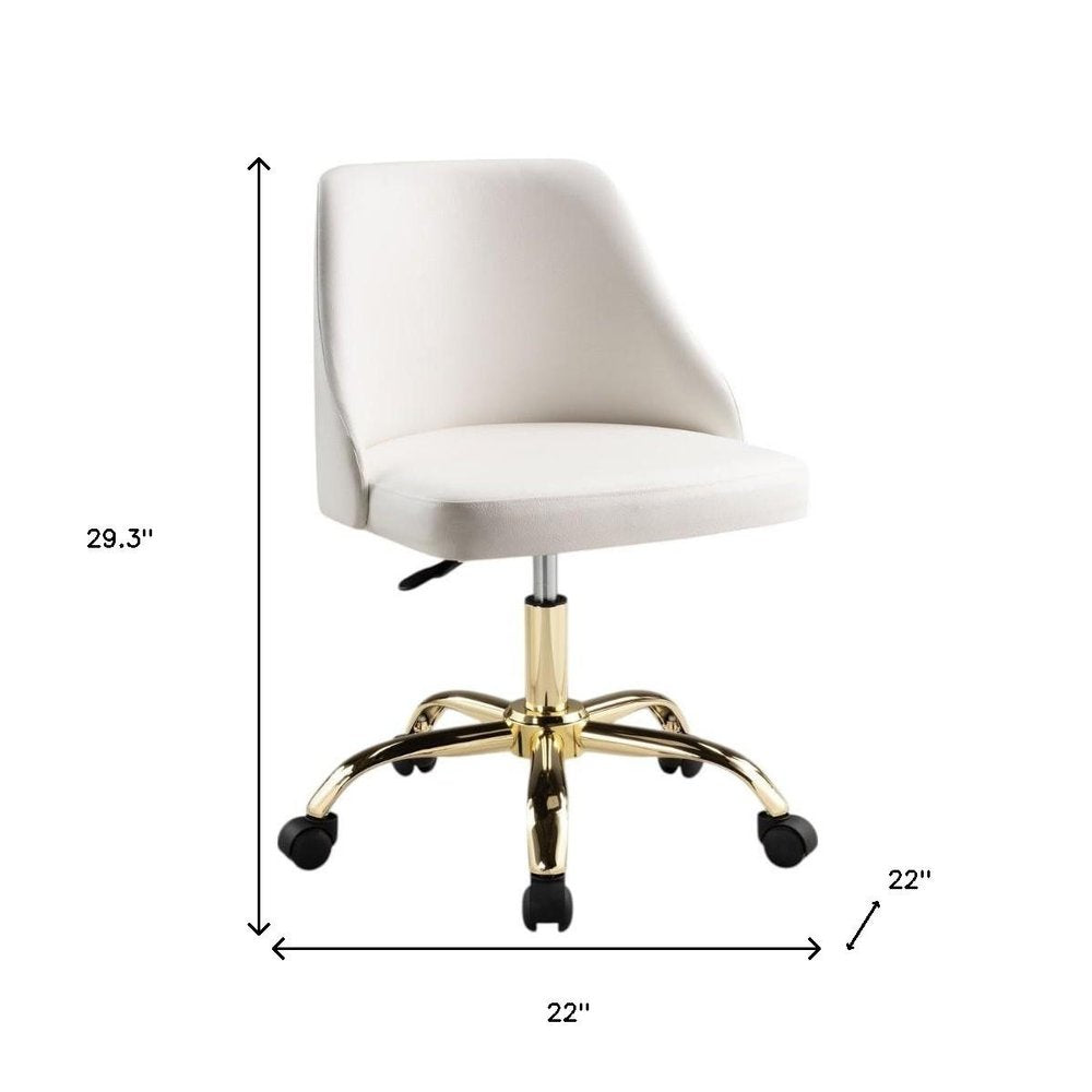 White and Gold Faux Leather Adjustable Height Swivel Rolling Office Chair on a white background