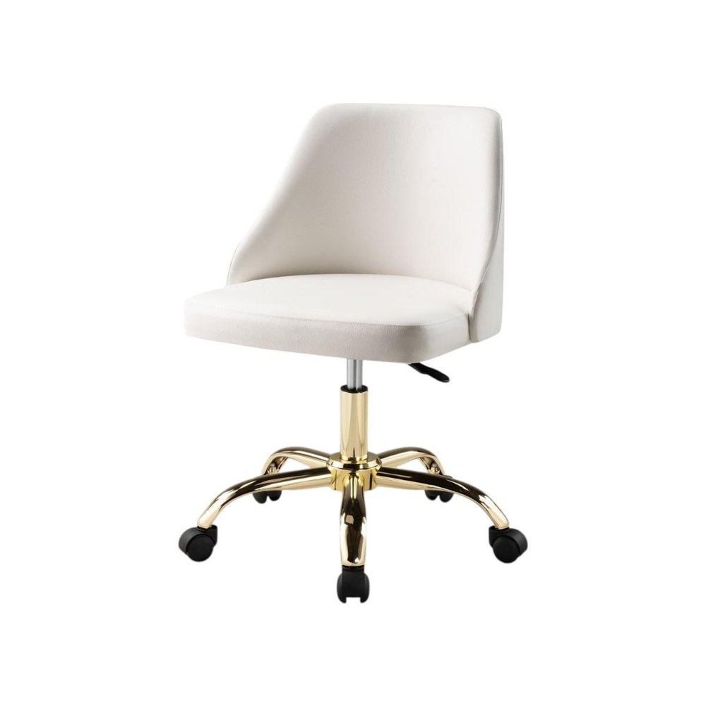 White and Gold Faux Leather Adjustable Height Swivel Rolling Office Chair on a white background