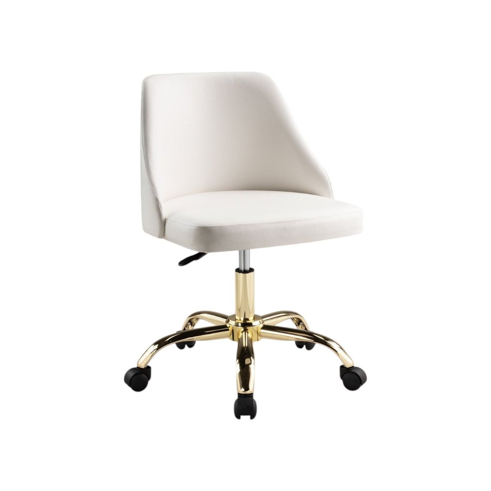 White and Gold Faux Leather Adjustable Height Swivel Rolling Office Chair on a white background