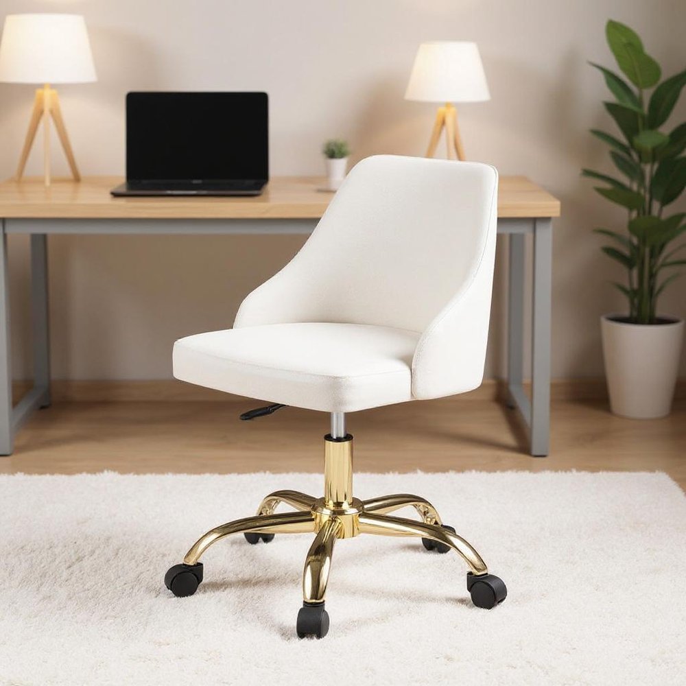 White and Gold Faux Leather Adjustable Height Swivel Rolling Office Chair in a home interior
