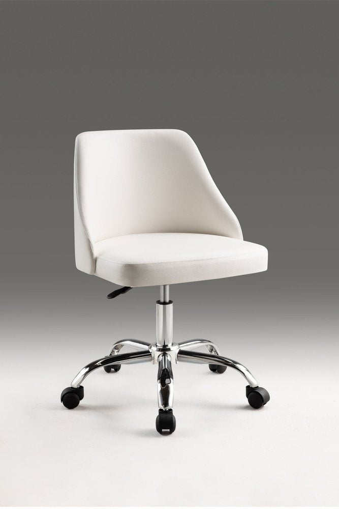 White faux leather office chair with a silver chrome base and wheels against a gray background.