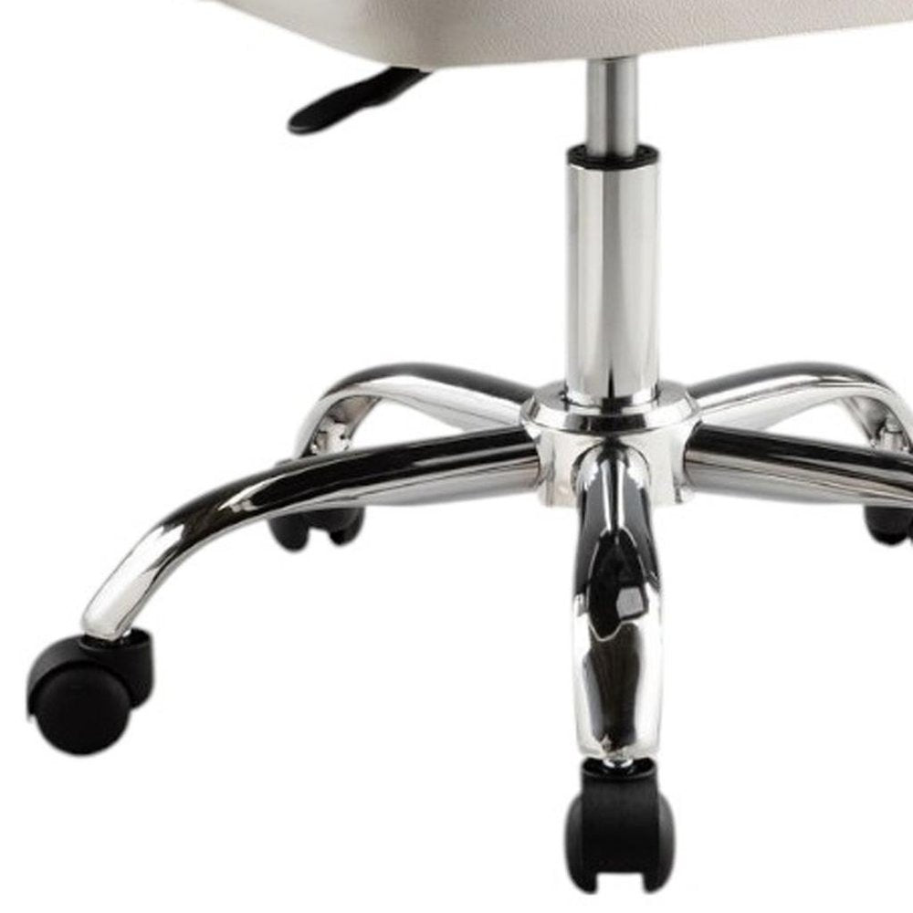 White and Silver Faux Leather Adjustable Height Swivel Rolling Office Chair on a white background
