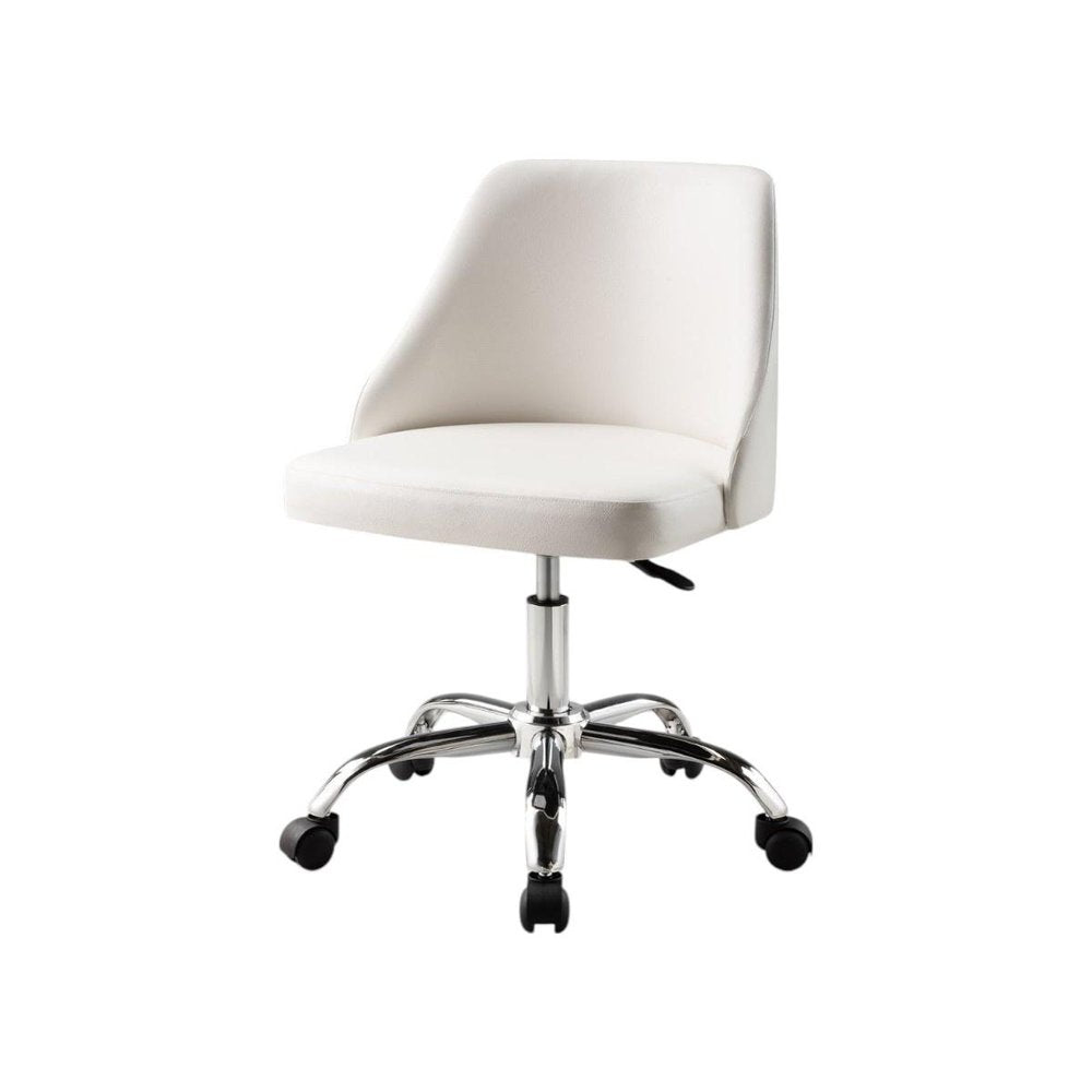 White and Silver Faux Leather Adjustable Height Swivel Rolling Office Chair on a white background